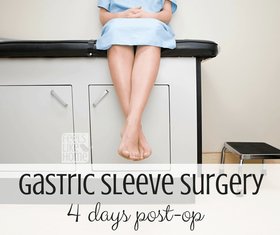 a woman sitting on an exam table with the title "gastric sleeve surgery: 4 days post-op"