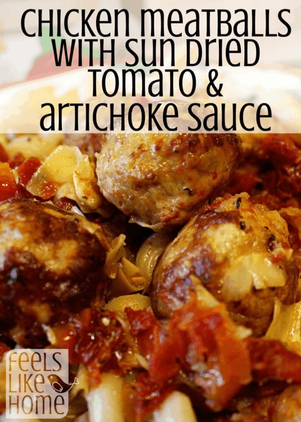 A close up of food, with Meatballs and sun-dried tomatoes