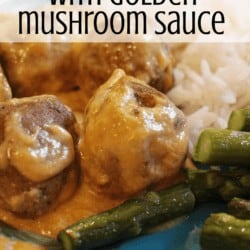 meatballs and asparagus with the title "Italian meatballs with golden mushroom sauce"