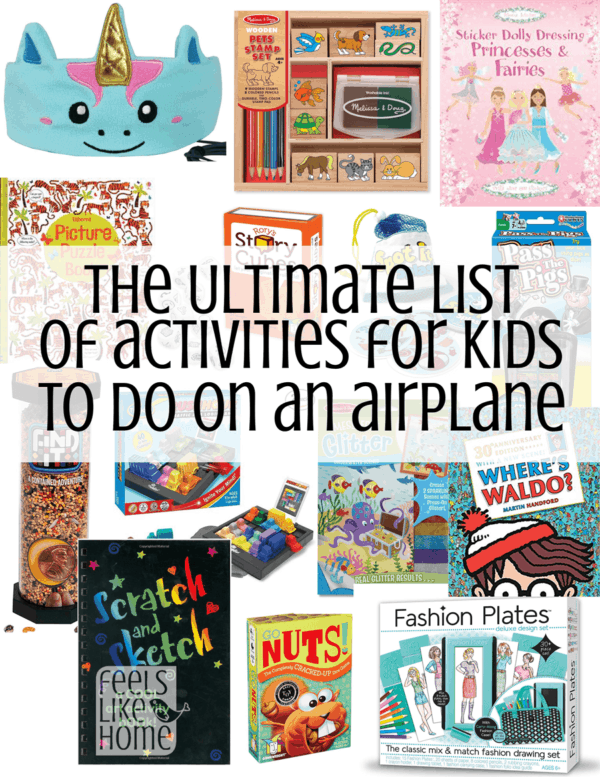 A collage of activities for kids to do on airplanes