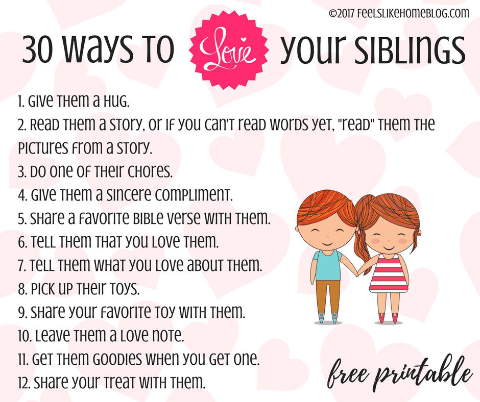a screenshot of a printable called "30 ways to love your siblings"