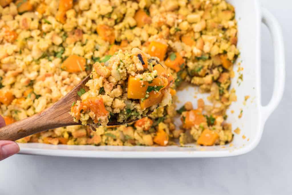 cooked stuffing with roasted autumn vegetables