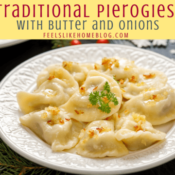 traditional pierogies with butter and onions on a white plate