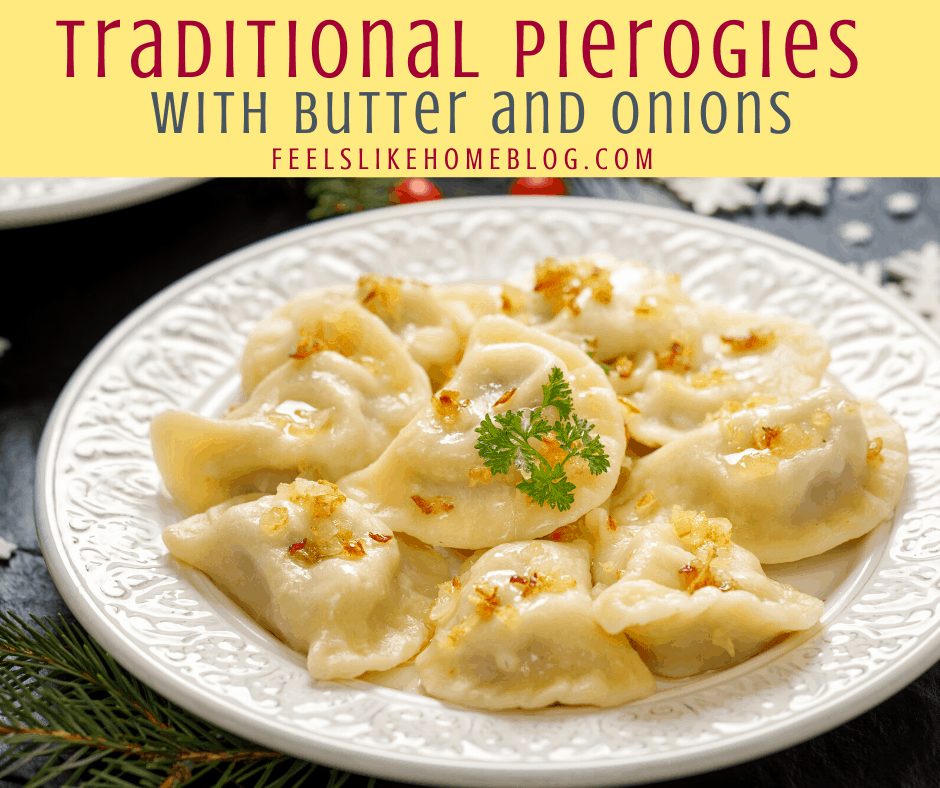 traditional pierogies with butter and onions on a white plate