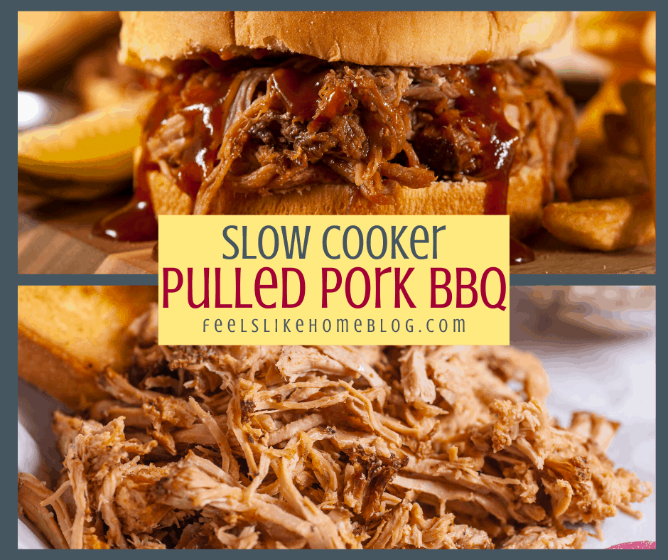 a collage of pulled pork and a pulled pork sandwich with BBQ sauce