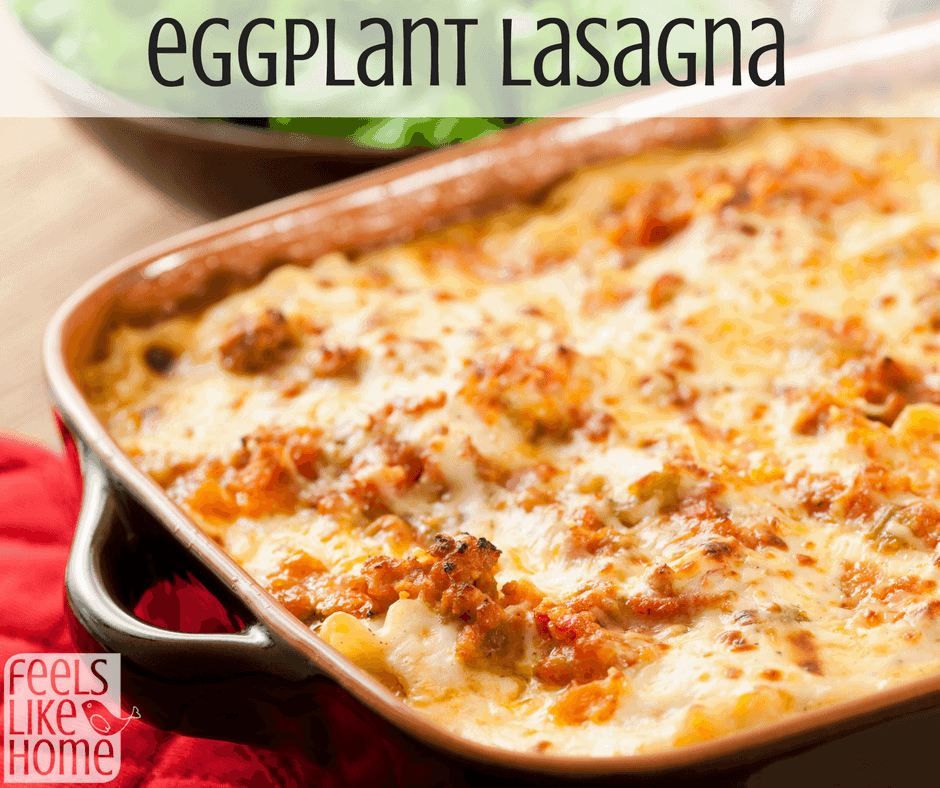 a pan of lasagna with the title "eggplant lasagna"