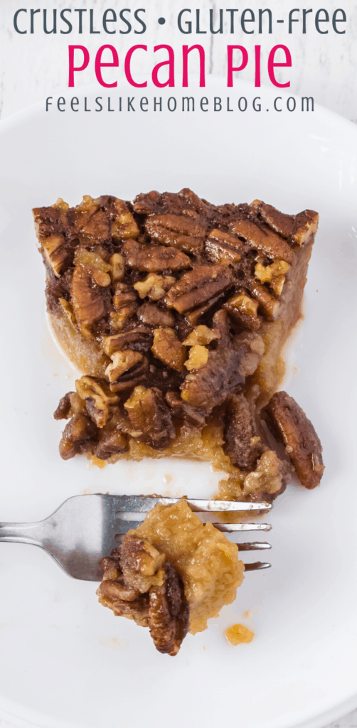 A close up of a slice of crustless pecan pie on a plate