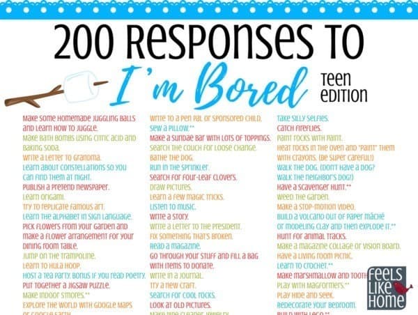 Printable list of things for teens to do when they're bored