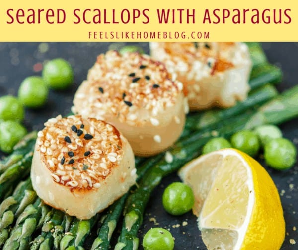 Seared scallops on top of asparagus and peas
