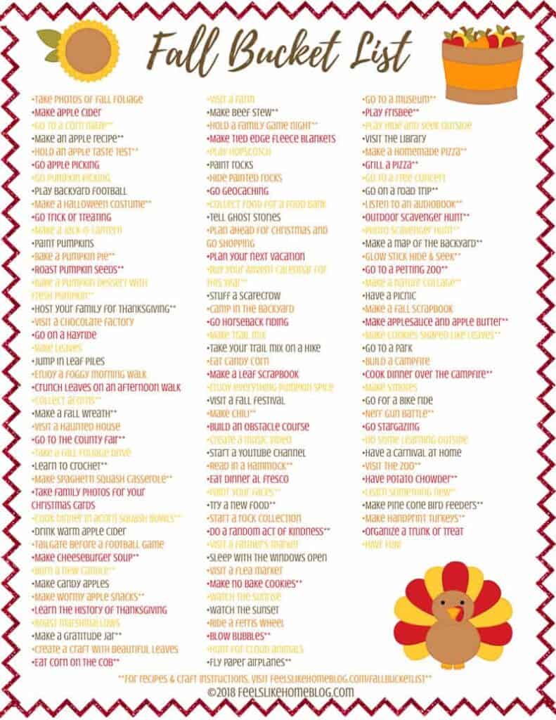 fall bucket list printable on a white background