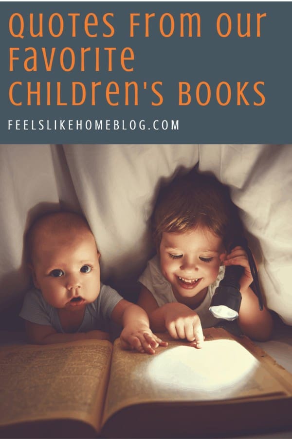 Two babies reading with a flashlight with the title \"quotes from our favorite children\'s books\"