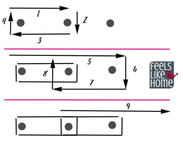 A diagram of how to string the string around the nails