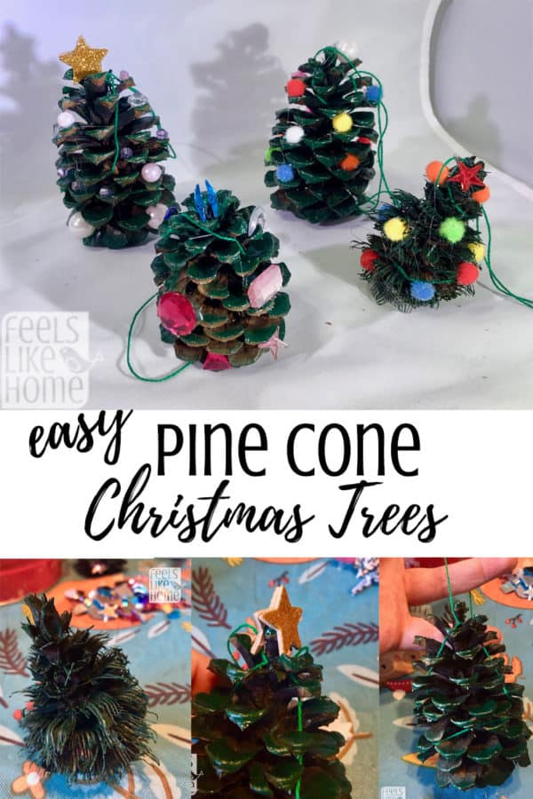 A collage of pine cone crafts