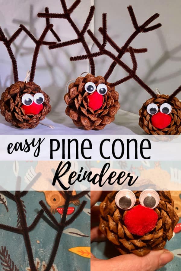 A collage of pine cone reindeer