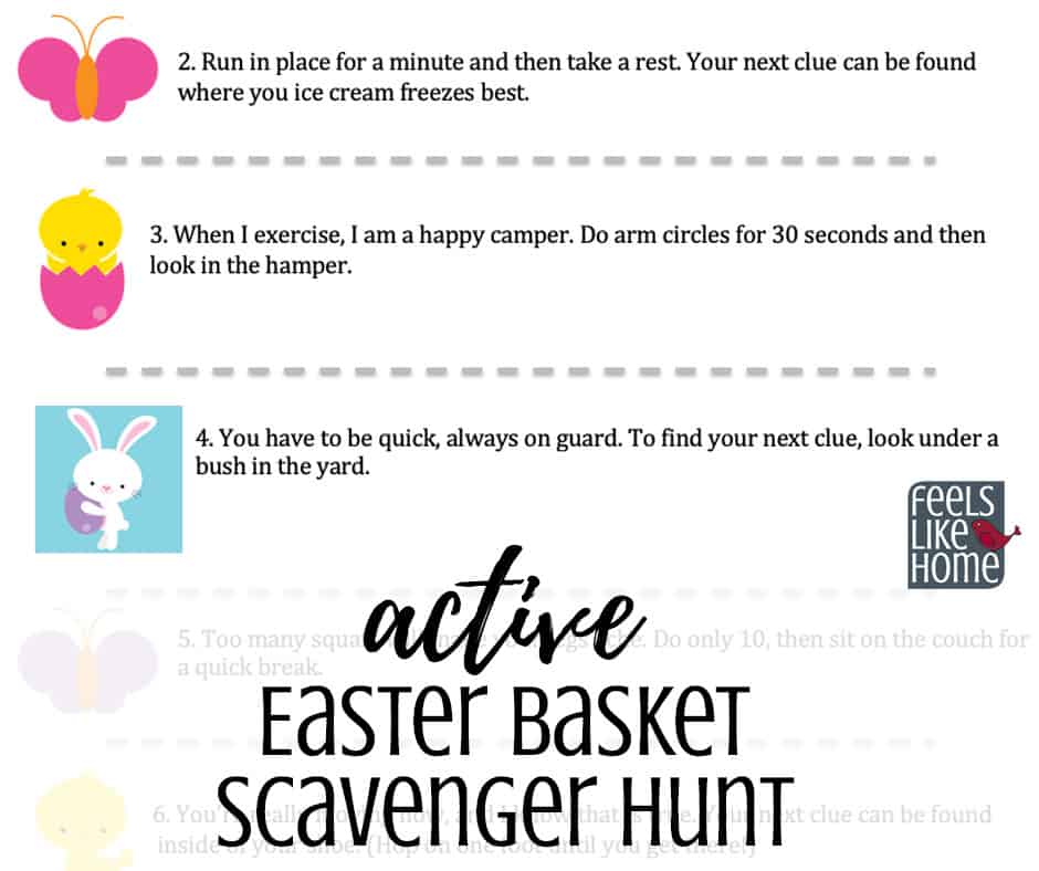 scavenger hunt clues with the title "Active Easter Basket Scavenger Hunt"