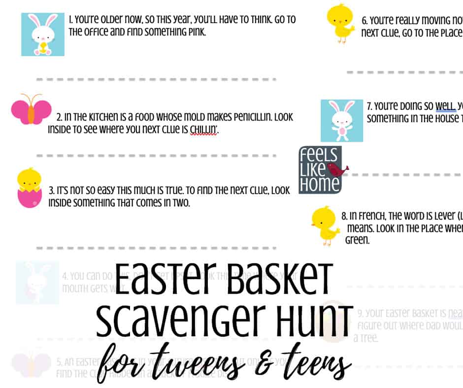 scavenger hunt clues with the title \"Easter basket scavenger hunt for tweens and teens\"