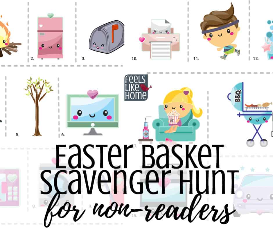 Picture clues for a scavenger hunt with the title \"Easter basket scavenger hunt for non-readers\"