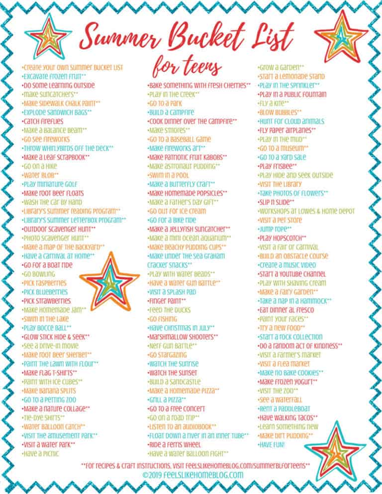 Summer Bucket List for Tweens & Teens - Free Family Printable