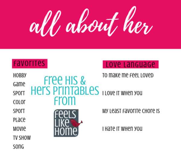 A questionnaire with the titles \"all about her\" and \"Free his & hers printables from Feels Like Home\"