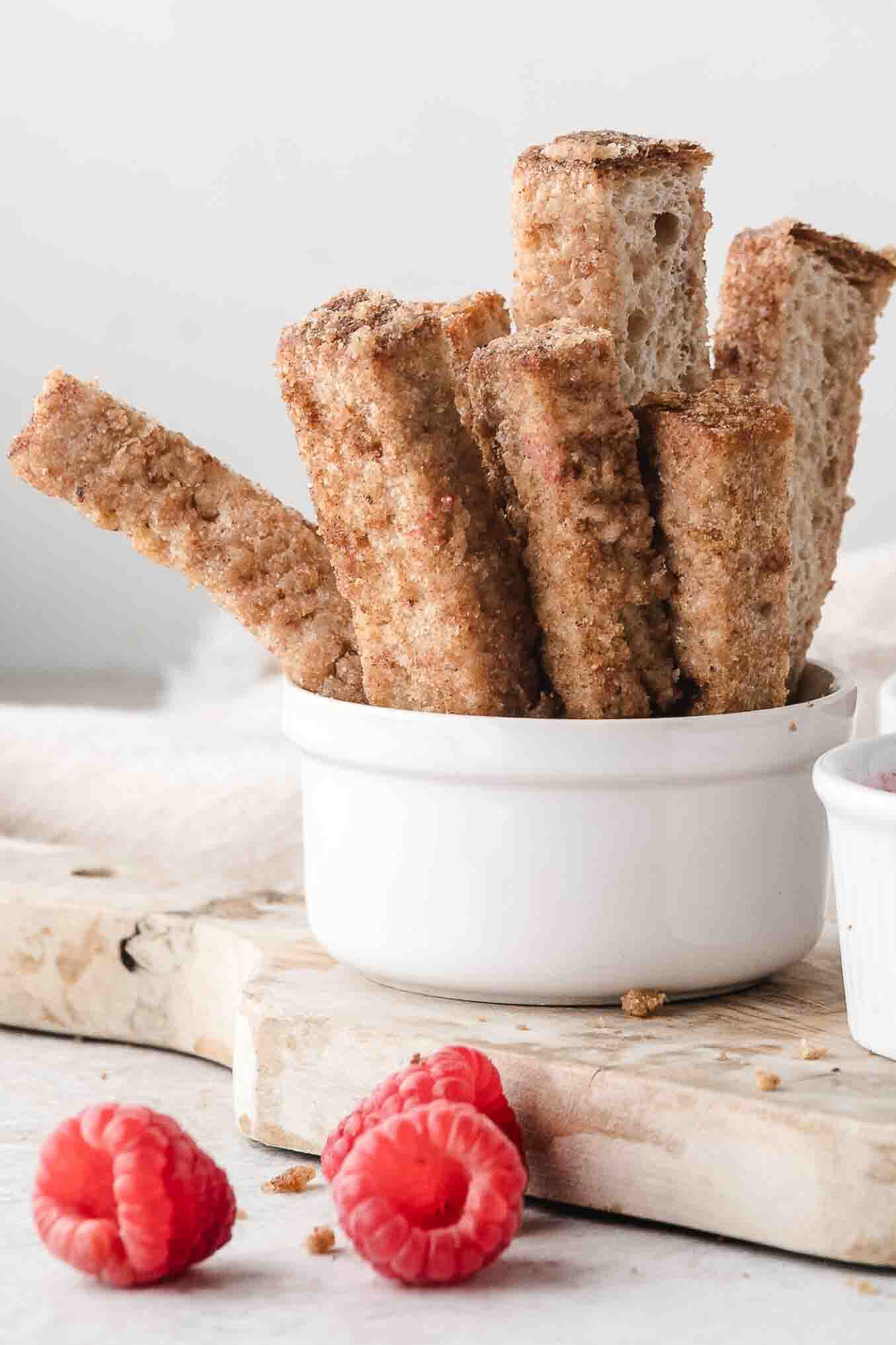 French toast sticks cut into "fries" for kids