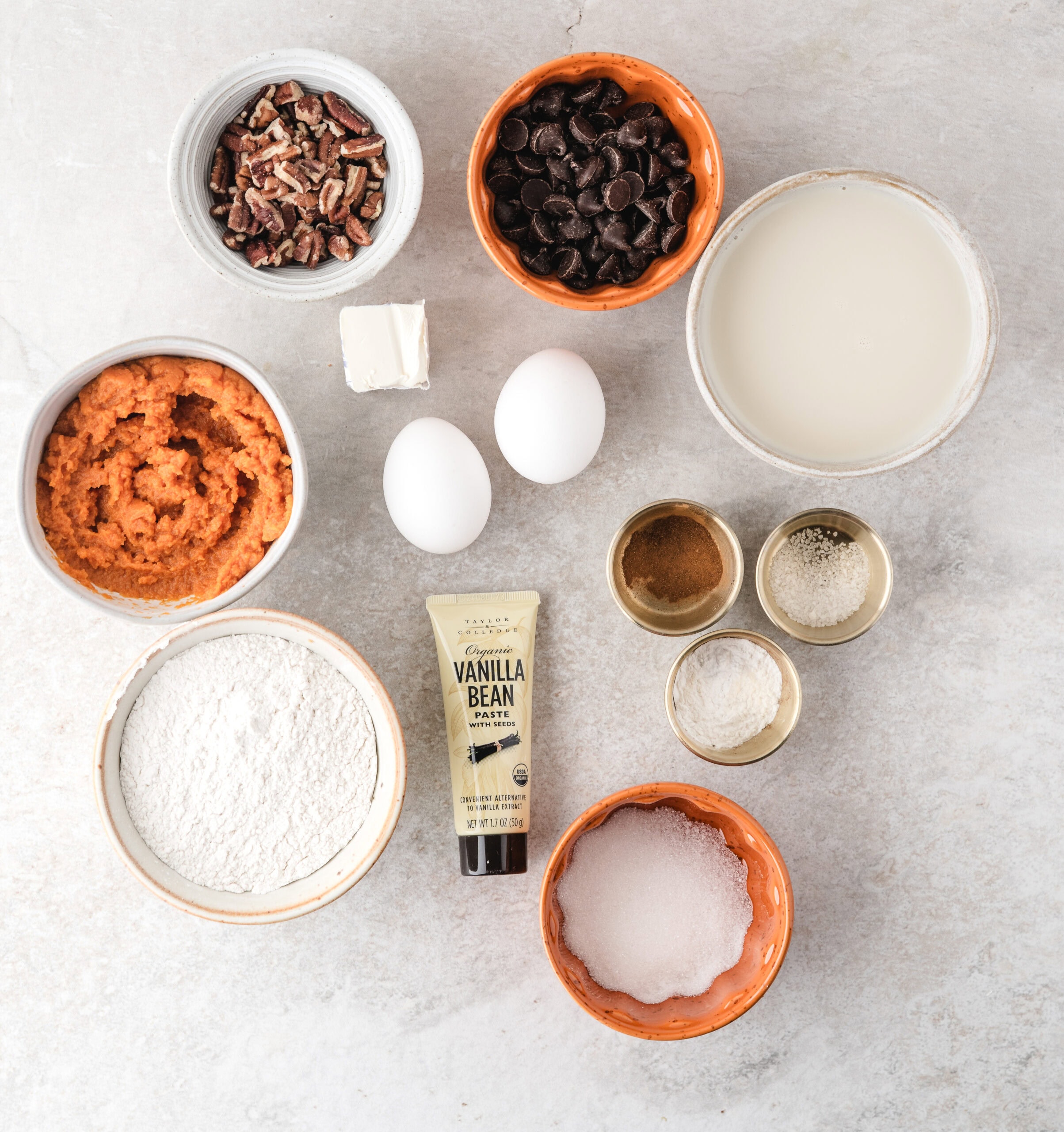 All the ingredients placed and measured to make pumpkin spice pancakes