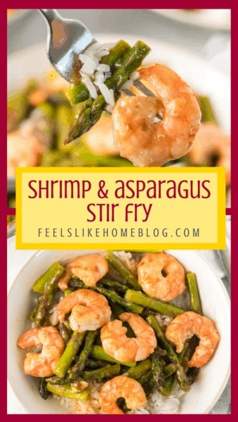 A collage with different types of food, with shrimp and asparagus 