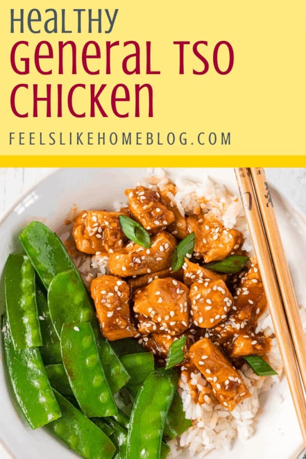 A plate of food, with General Tso\'s Chicken and Snow pea