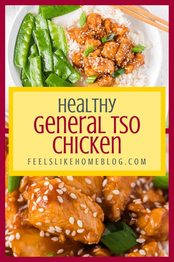 A close up of General Tso\'s chicken with snow peas