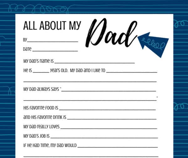 A close up of the All about my Dad printable on a white background
