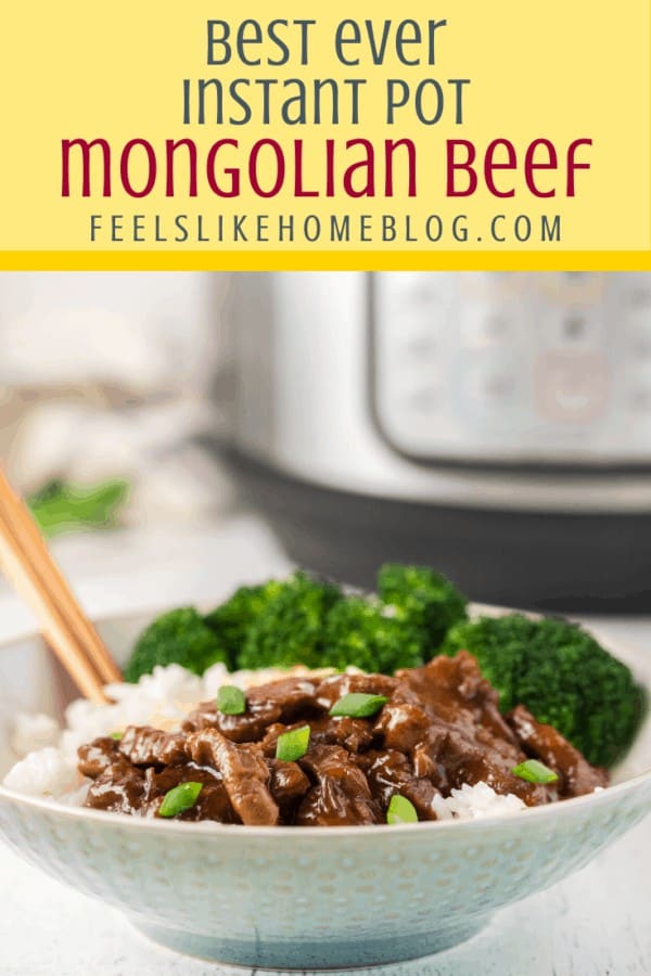 A plate of food with rice and broccoli, with Mongolian beef and the Instant Pot in the background