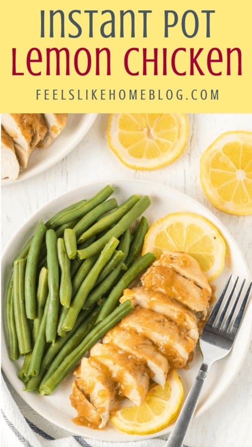 A plate of Lemon chicken with a fork and green beans