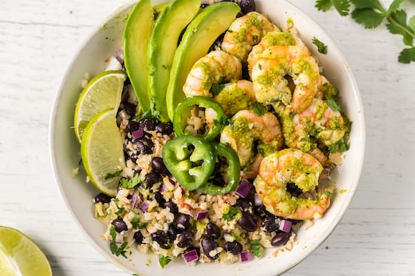 another way to serve the cilantro lime marinated shrimp in a burrito bowl