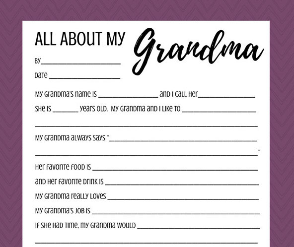 A close up of the All about my Grandma printable on a white background