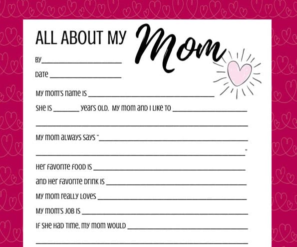 A close up of the All about my Mom printable on a white background