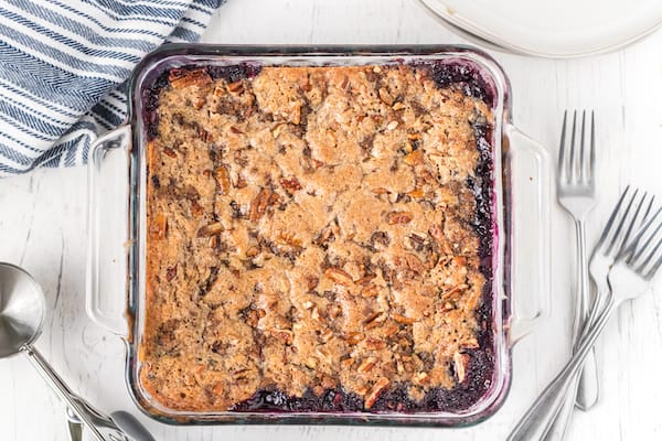 the best old fashioned blueberry cobbler just out of the oven