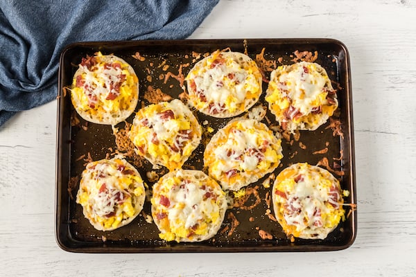 finished and baked English muffin breakfast pizzas