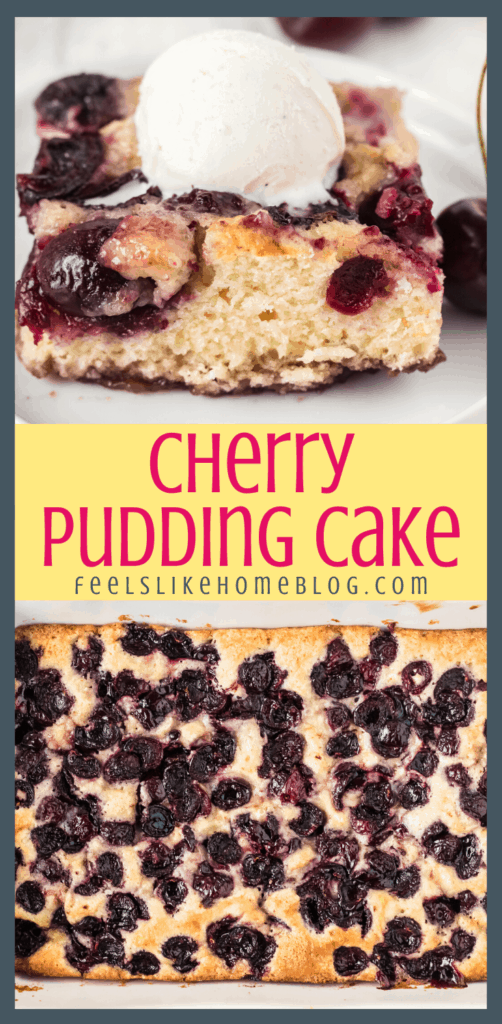 cherry pudding cake in a baking dish and on a plate