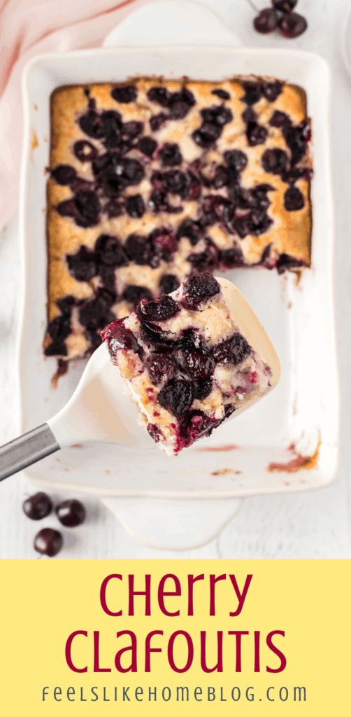 one slice cut from the cherry clafoutis