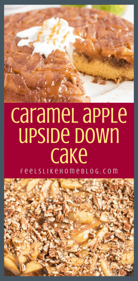 a collage of fried apples and upside down cake with ice cream