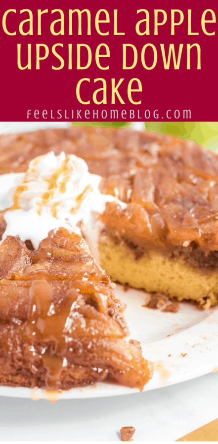 apple upside down cake with whipped cream on a plate