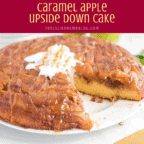 caramel apple upside down cake on a plate with whipped cream
