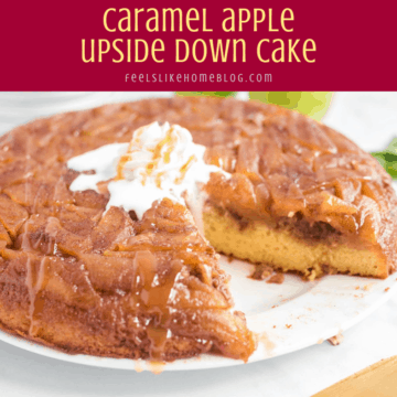 caramel apple upside down cake on a plate with whipped cream