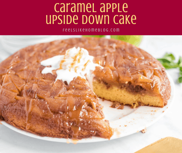 caramel apple upside down cake on a plate with whipped cream