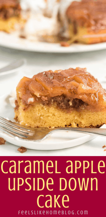 one slice of caramel apple upside down cake on a plate with a fork