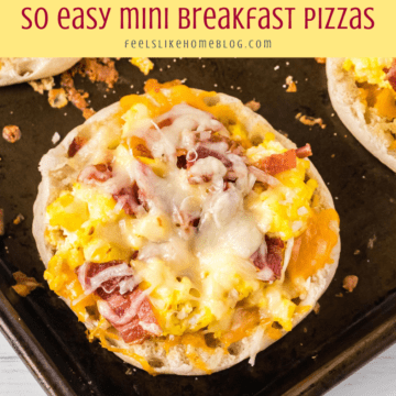 one easy breakfast pizza on an English muffin on a baking sheet
