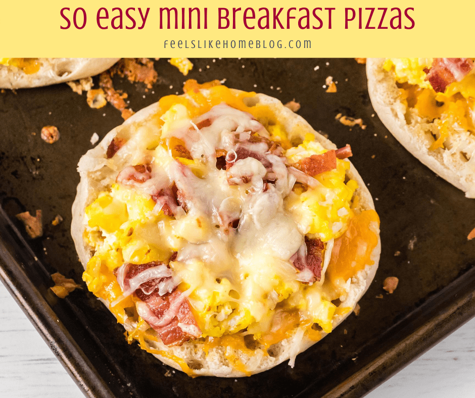 one easy breakfast pizza on an English muffin on a baking sheet