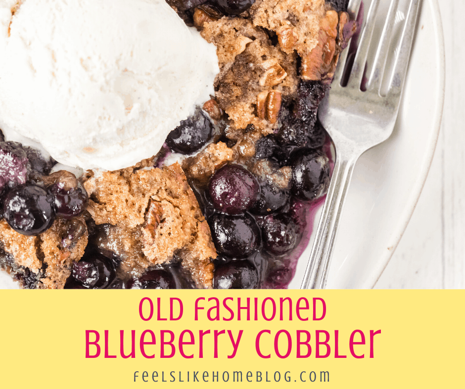 close up of one slice of old fashioned blueberry cobbler topped with ice cream