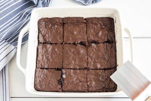 cocoa powder brownies cut in the pan