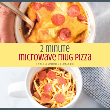 collage of two microwave pizzas in a mug