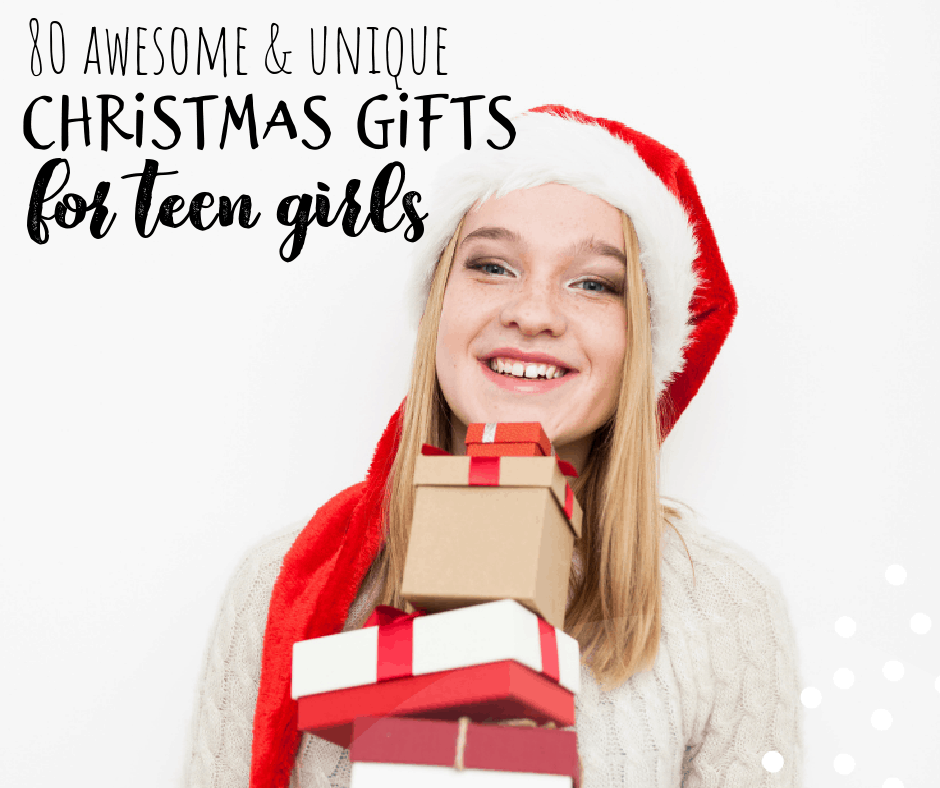 teen girl with a stack of Christmas gifts